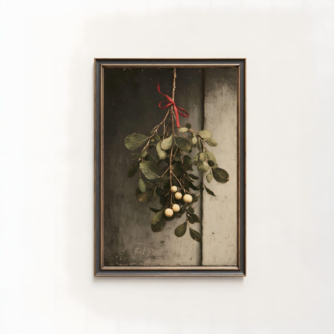Vintage Mistletoe Sprig White Berries Red Ribbon Farmhouse Poster