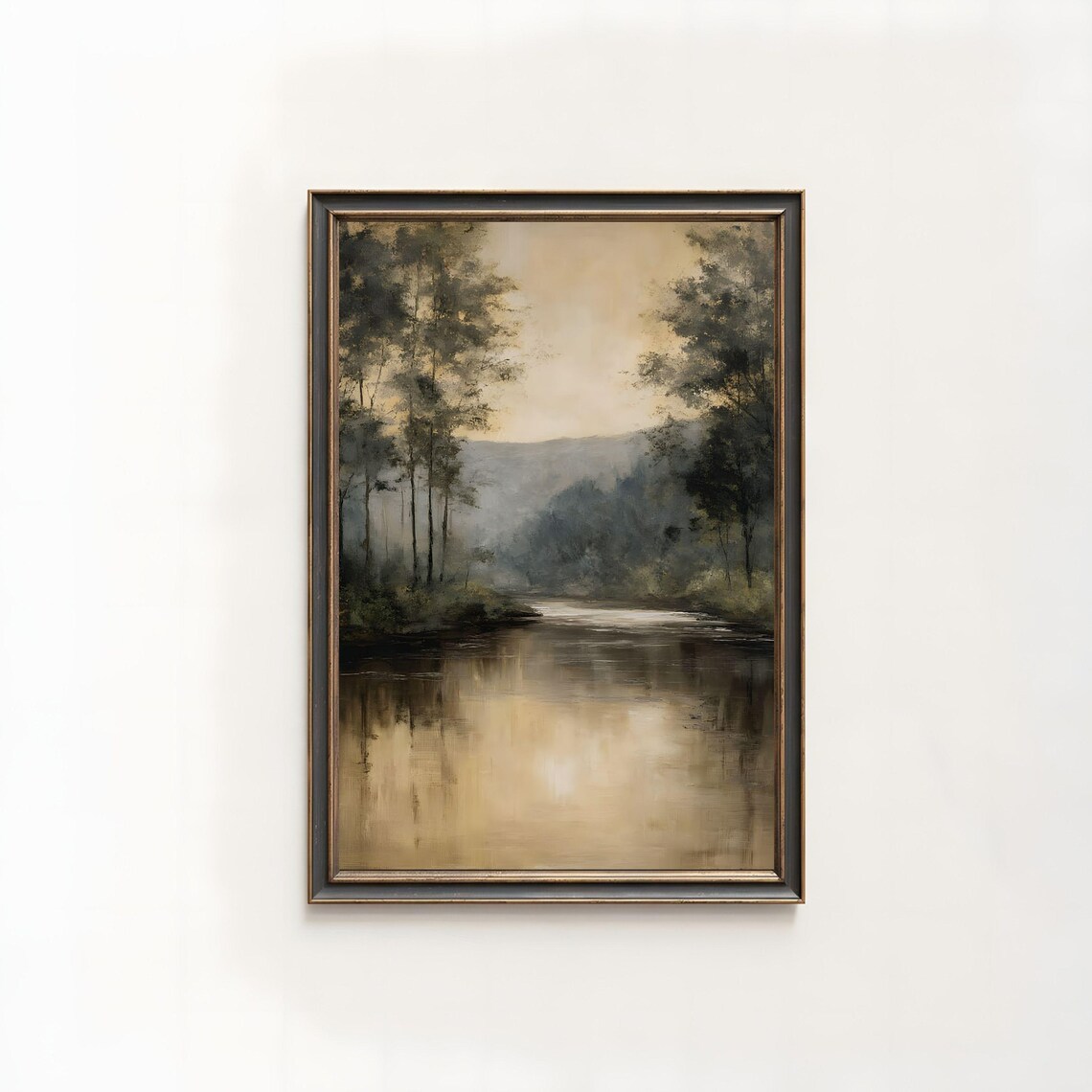 Misty River Forest Moody Vintage Oil Painting Dark Nature Wall Poster