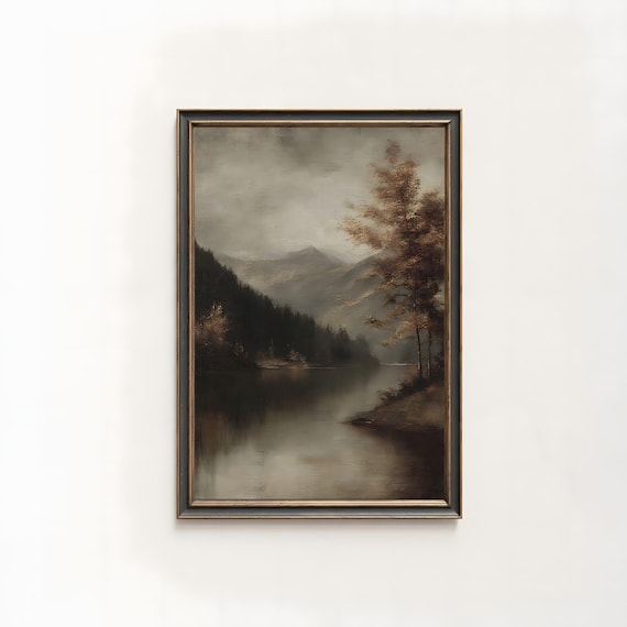 Autumn Landscape Lake Mountains Forest Oil Painting Vintage Wall Art 218