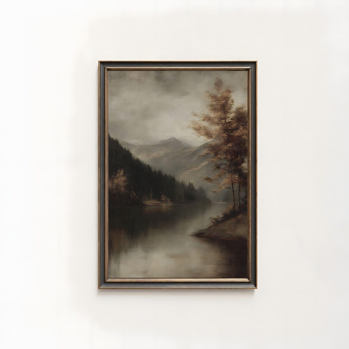 Moody Mountain Lake Forest Vintage Oil Painting Dark Rustic Nature Poster