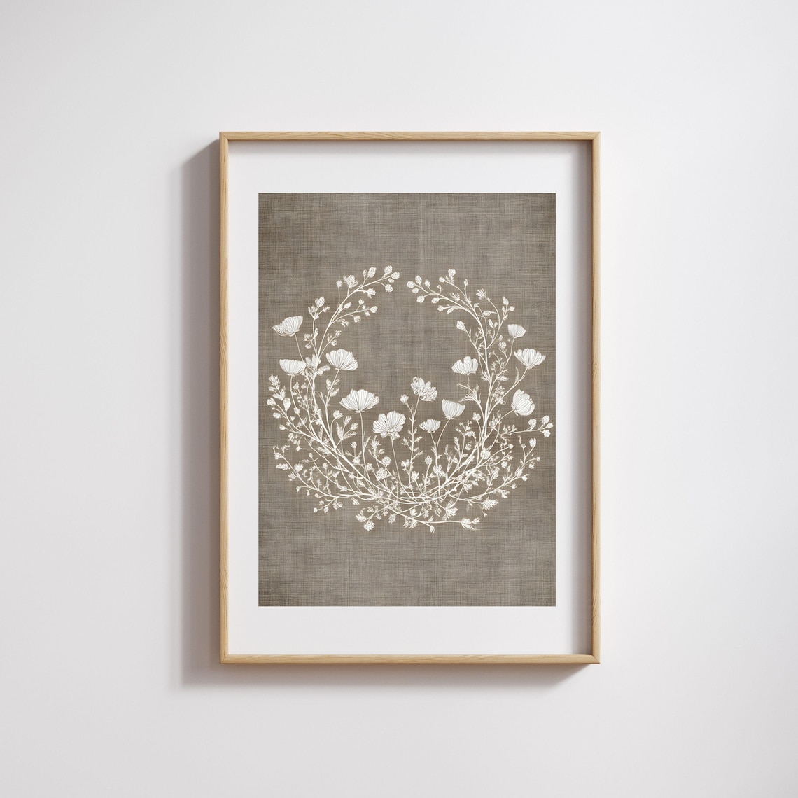 White Floral Wreath Minimalist Line Art Farmhouse Botanical Poster