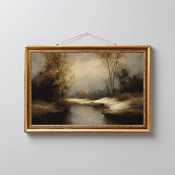 Winter Snowy River Forest Golden Moody Vintage Oil Painting Poster