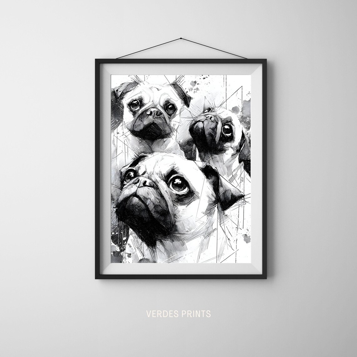 Three Pugs Black and White Ink Sketch Cute Dog Portrait Poster