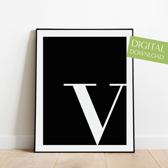 Letter V Poster Letter V Print Initials Print Letters Wall Art Black And White Initial Print