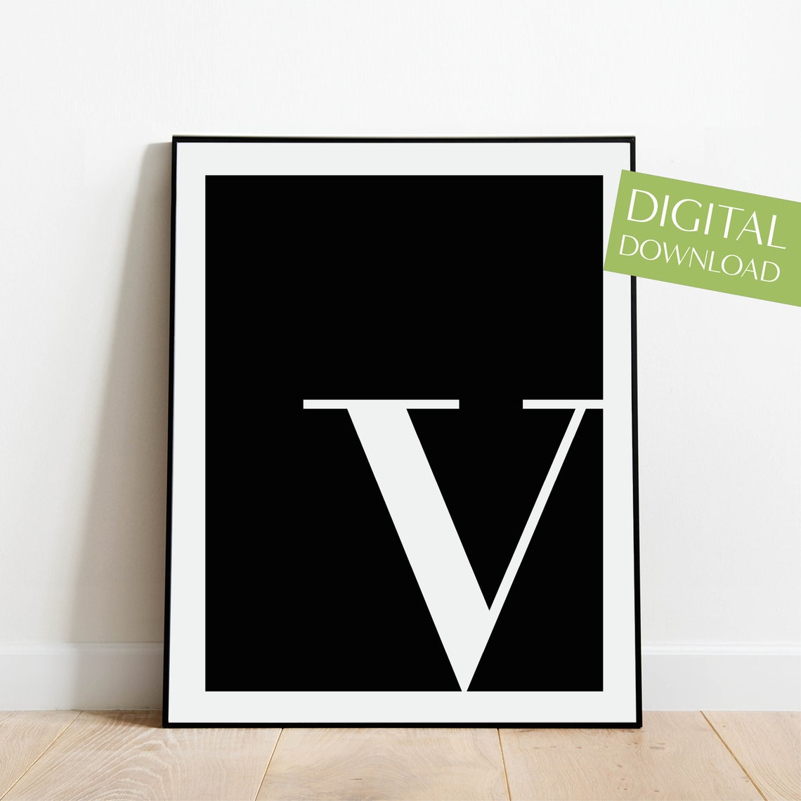 Uppercase Letter V Monogram Poster White on Black Modern Decor
