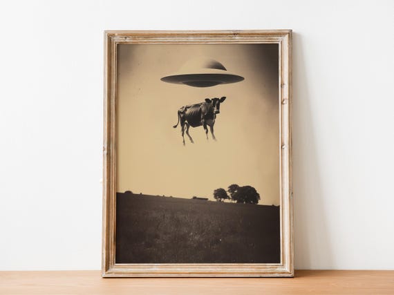 Cow Abduction Retro Print, Sci-Fi UFO Poster