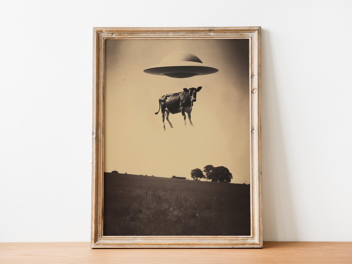 Cow Abduction Retro Print, Sci-Fi UFO Poster