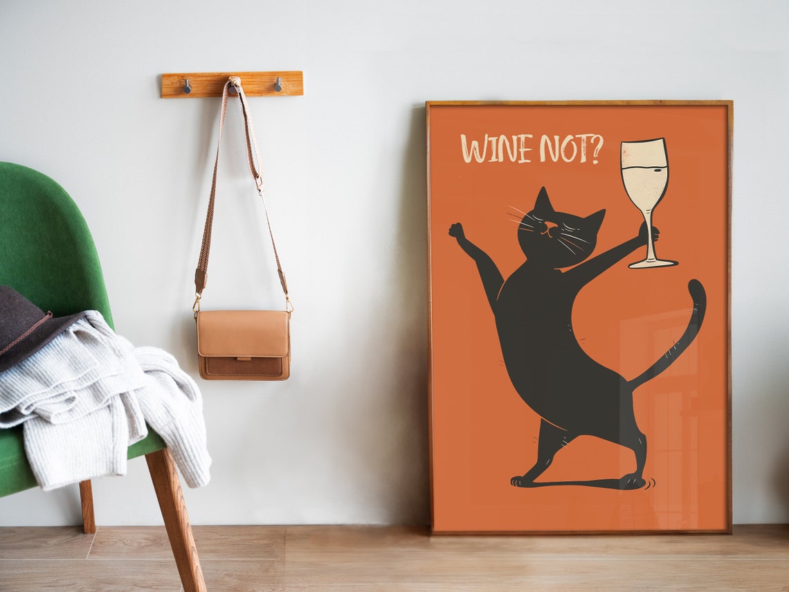 Wine Not Dancing Black Cat With Wine Glass Orange Funny Cat Poster - Image 5