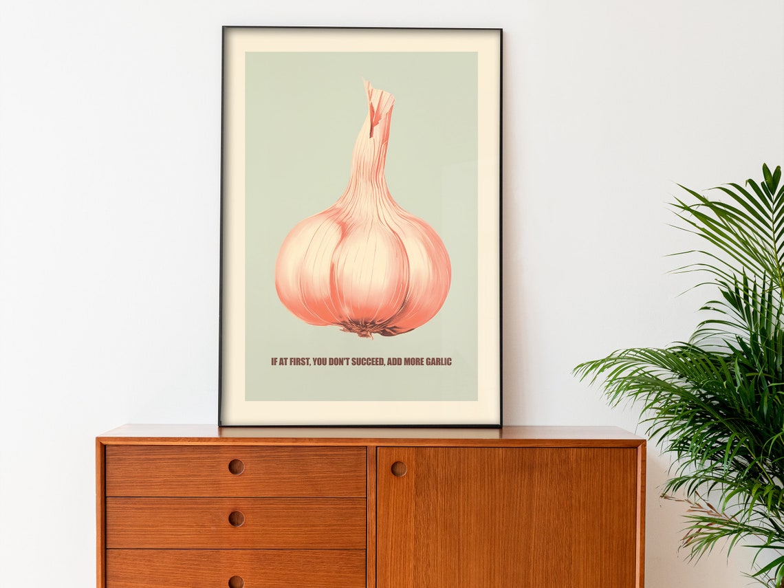 Garlic Print Vegetable Print Retro Kitchen Print Kitchen Wall Art Vegetarian Posters Vegan Prints Funny Poster Dining Blue And Pink Print - Image 2