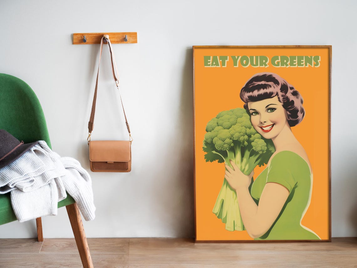 Eat Your Greens Retro Kitchen Broccoli 50s Housewife Wall Poster - Image 5