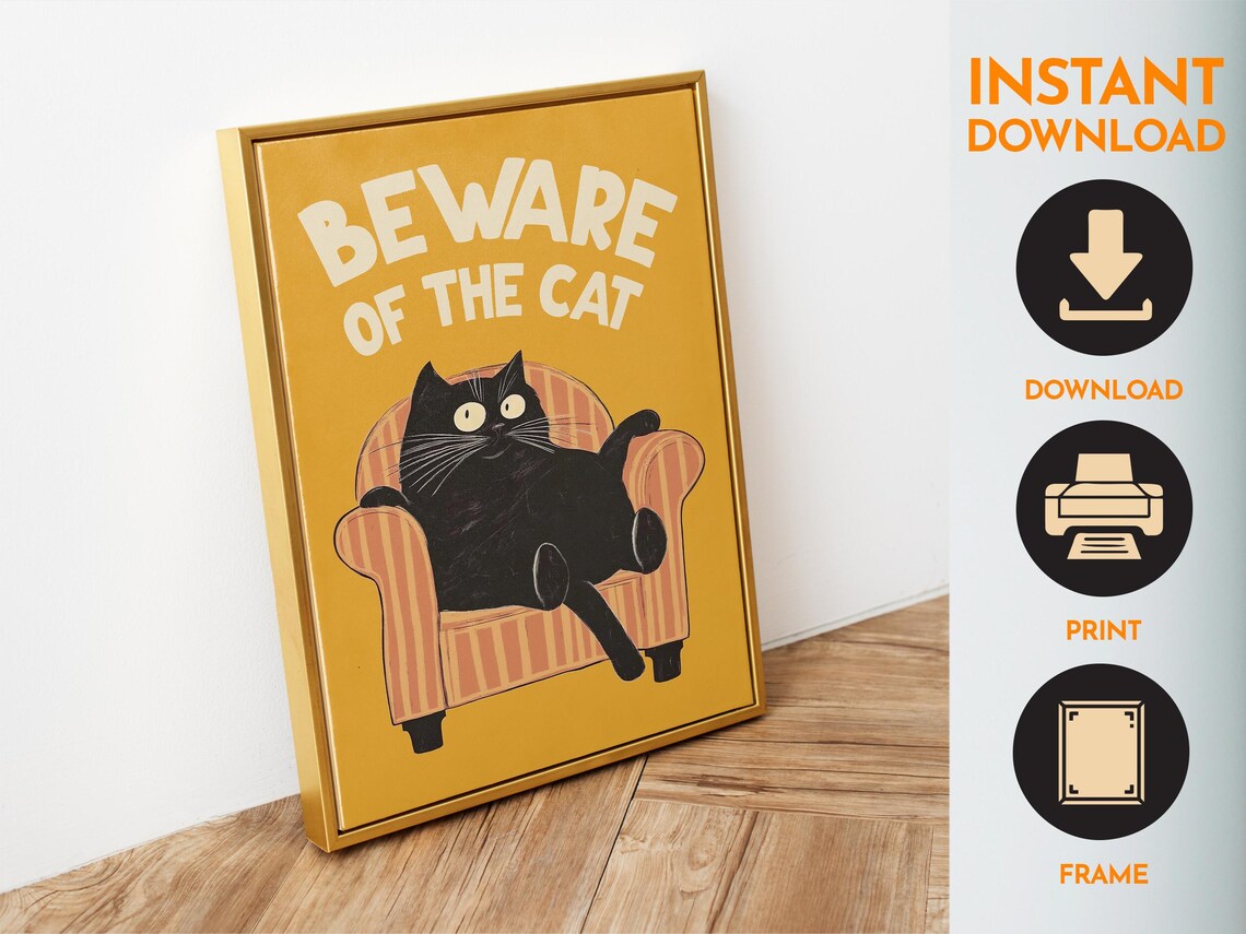 Beware Of The Cat Funny Black Cat Armchair Retro Yellow Poster Art - Image 4
