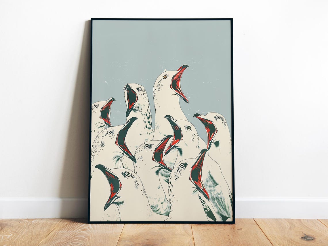 Screaming Seagulls Funny Graphic Bird Illustration Bathroom Poster