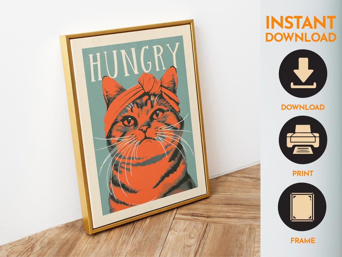 Hungry Orange Tabby Cat Knotted Headband Retro Kitchen Funny Poster - Image 4
