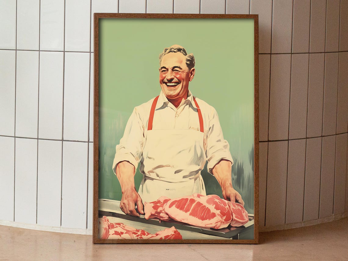 Happy Butcher With Fresh Meat Vintage Retro Kitchen Art Poster - Image 4