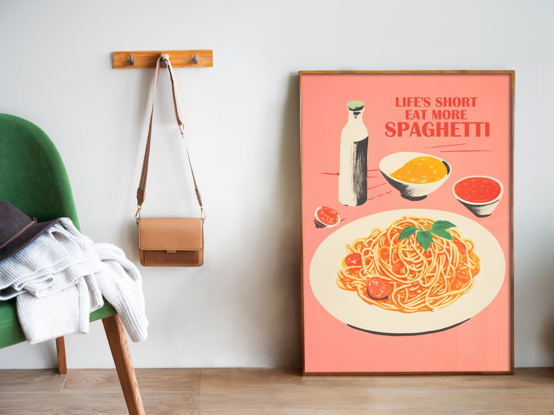 Lifes Short Eat More Spaghetti Retro Coral Italian Foodie Poster - Image 5