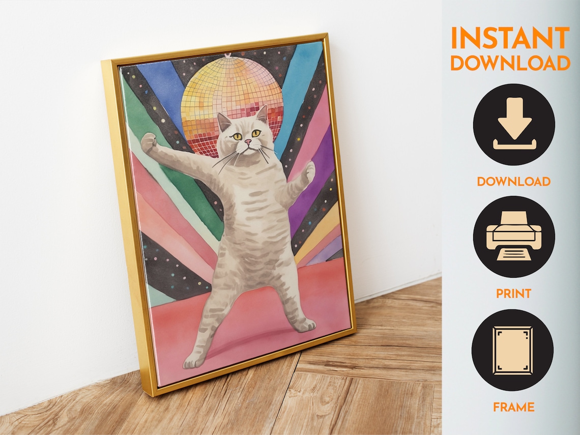 Disco Cat Funny Poster, Trendy Cat Watercolor - Image 6