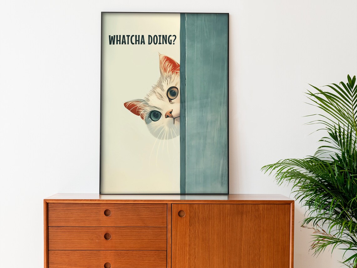Funny Bathroom Cat Toilet Art Print, Blue Toilet - Image 2