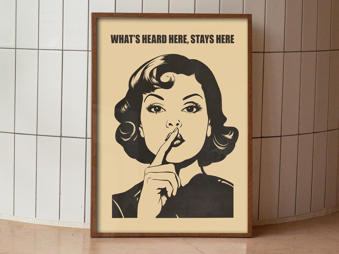 Whats Heard Here Stays Here Retro Shh Woman Vintage Bathroom Poster - Image 3