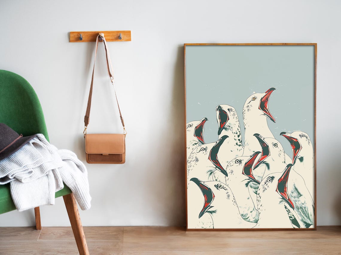 Screaming Seagulls Funny Graphic Bird Illustration Bathroom Poster - Image 5