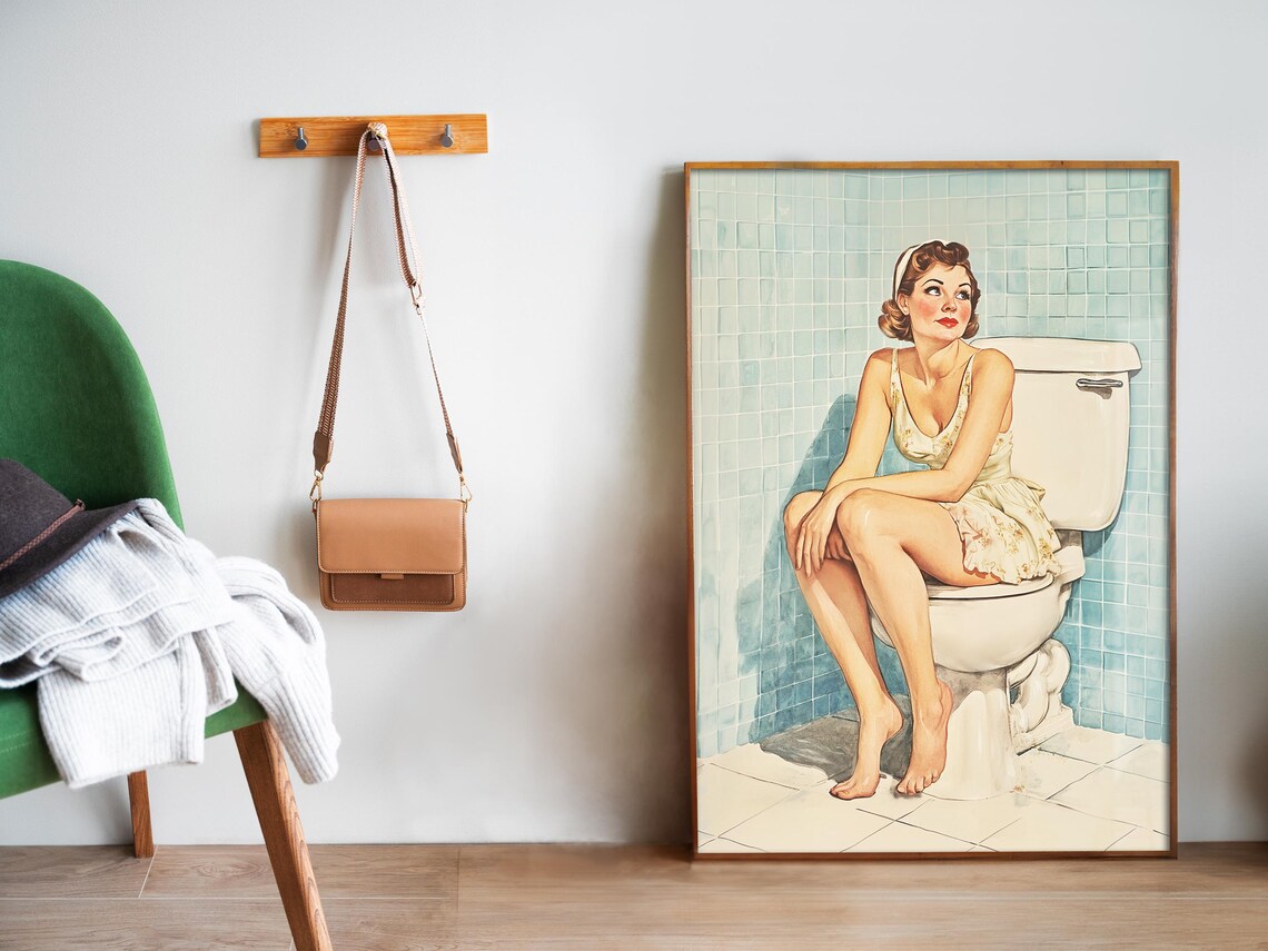 Retro Housewife Sitting On Toilet Vintage Bathroom Art Poster - Image 5