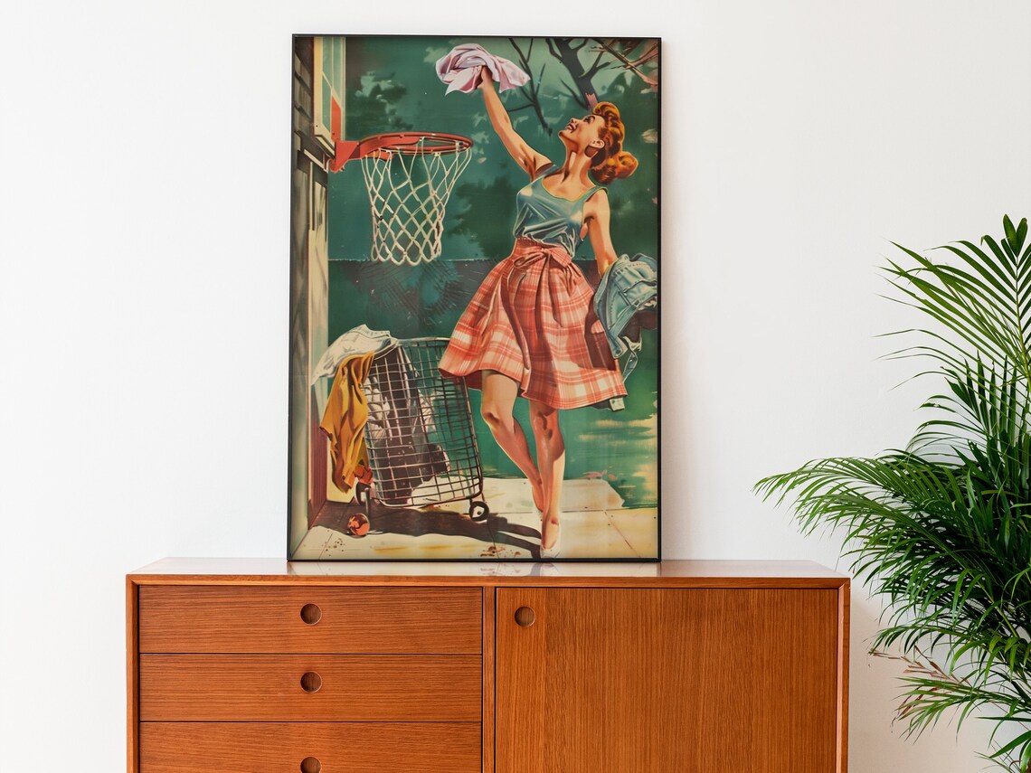 Laundry Room Funny Poster, Retro Housewife Basketball - Image 3