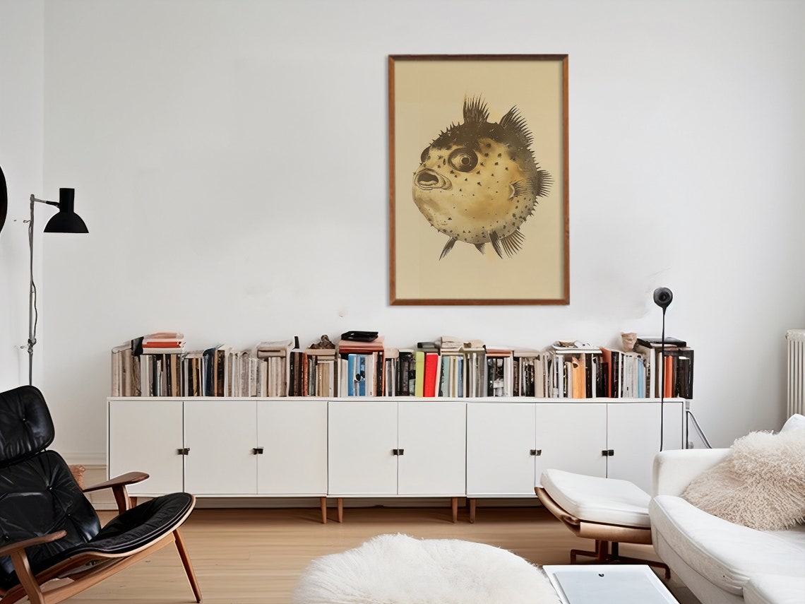 Retro Pufferfish Vintage Sepia Fish Illustration Funny Bathroom Poster - Image 2