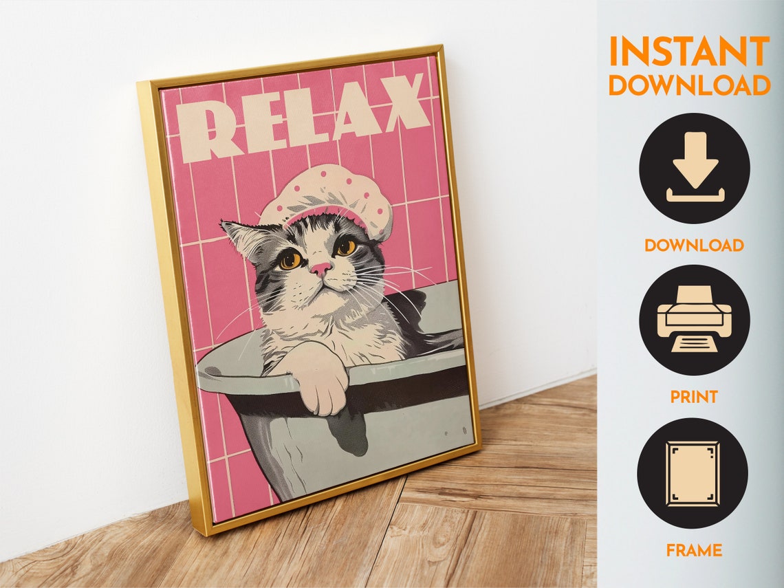 Relax Funny Pink Retro Bathroom Cat Bathtub Shower Cap Poster - Image 4
