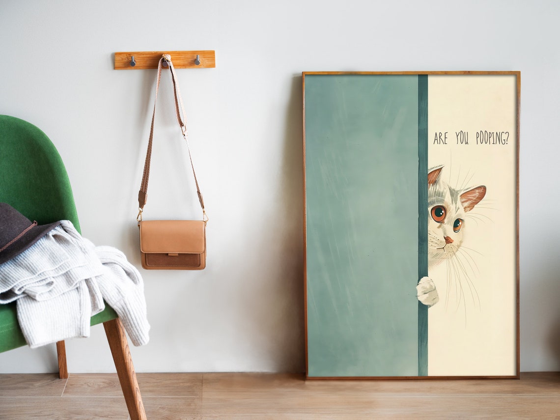 Are You Pooping Cat Peeking Behind Door Funny Bathroom Poster - Image 5