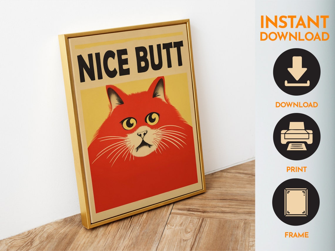 Nice Butt Funny Red Cat Face Retro Bathroom Quote Art Poster - Image 6