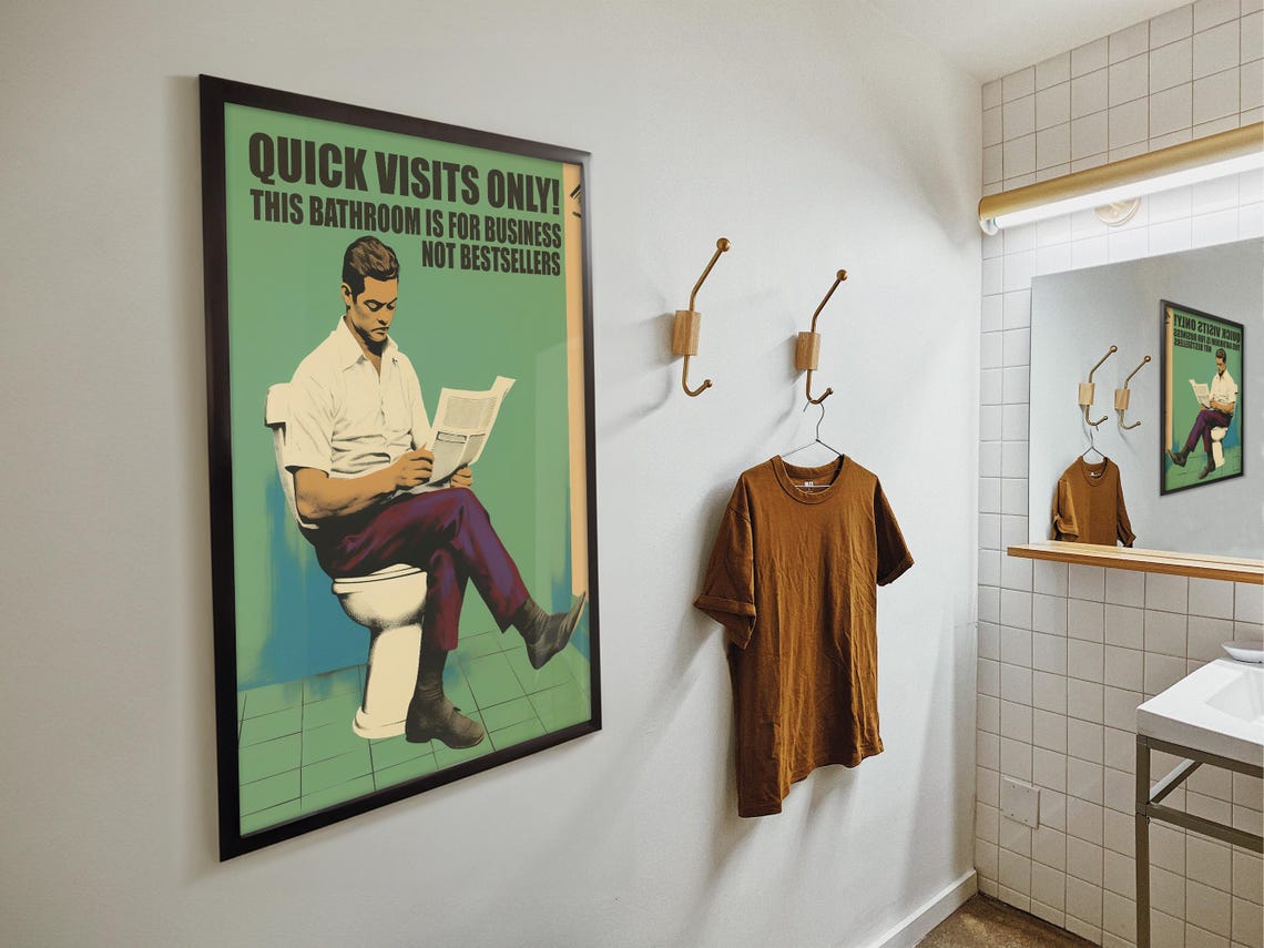 Quick Visits Only Bathroom Humor Sign Retro Man Newspaper Poster - Image 4