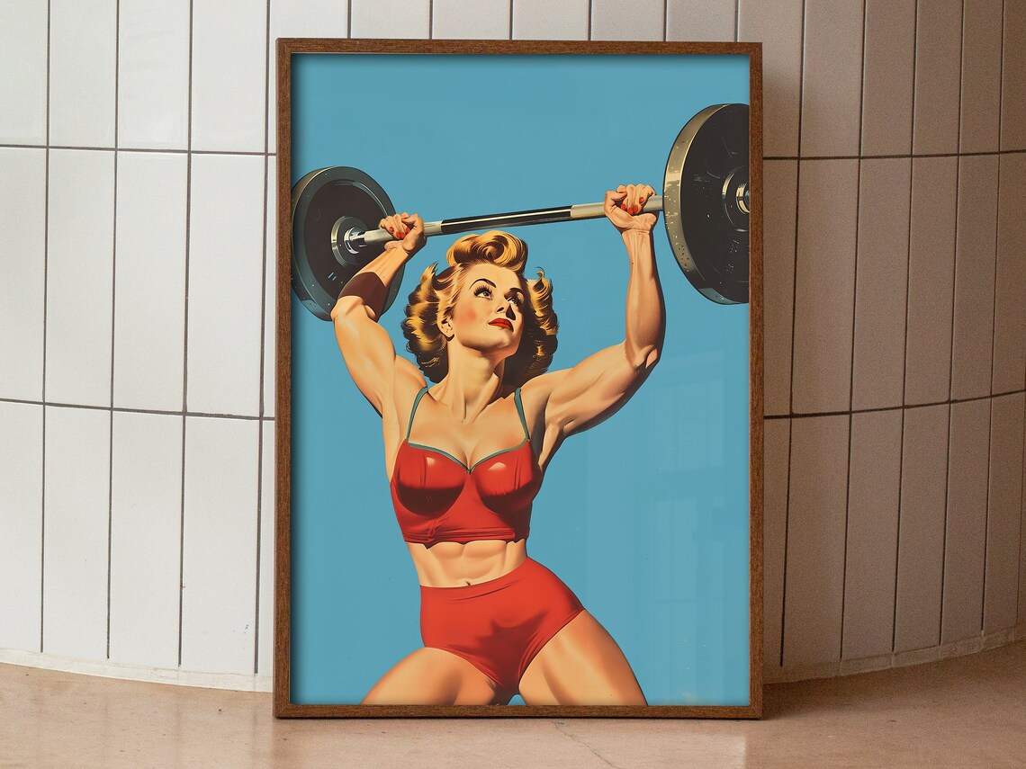 Retro Gym Poster Home Gym Wall Art Female Gym Print Heavy Lifting Art Blue Workout Print Retro Posters Fitness Art Print - Image 3