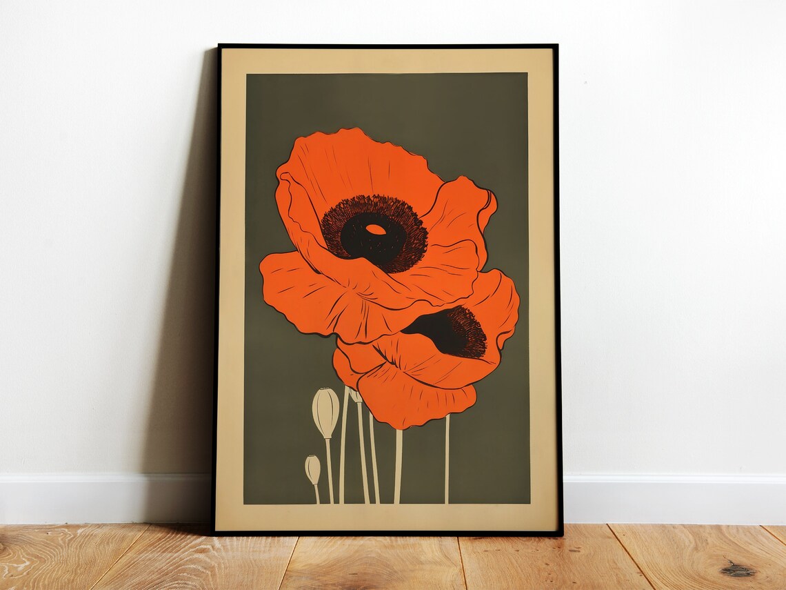 Retro Poppy Print, Black Poppies 70 Botanical Art