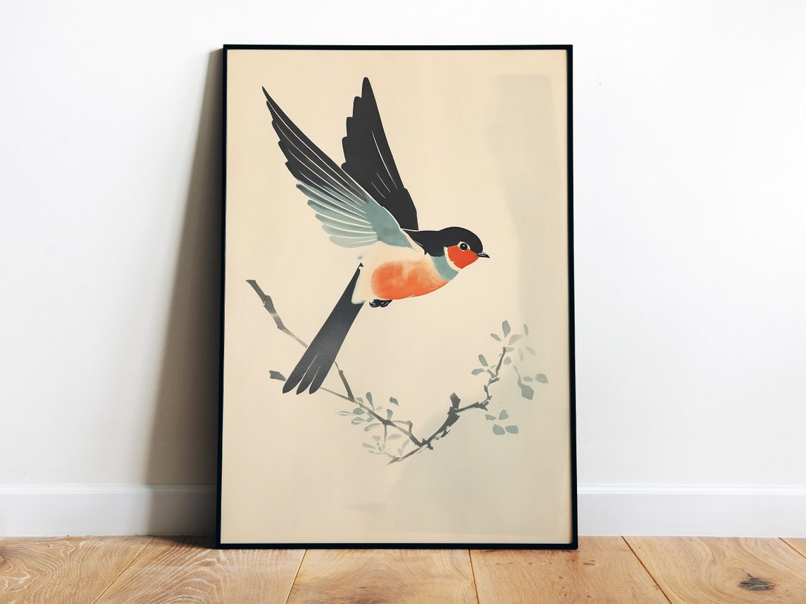 Swallow Bird In Flight Minimalist Vintage Japanese Style Art Poster