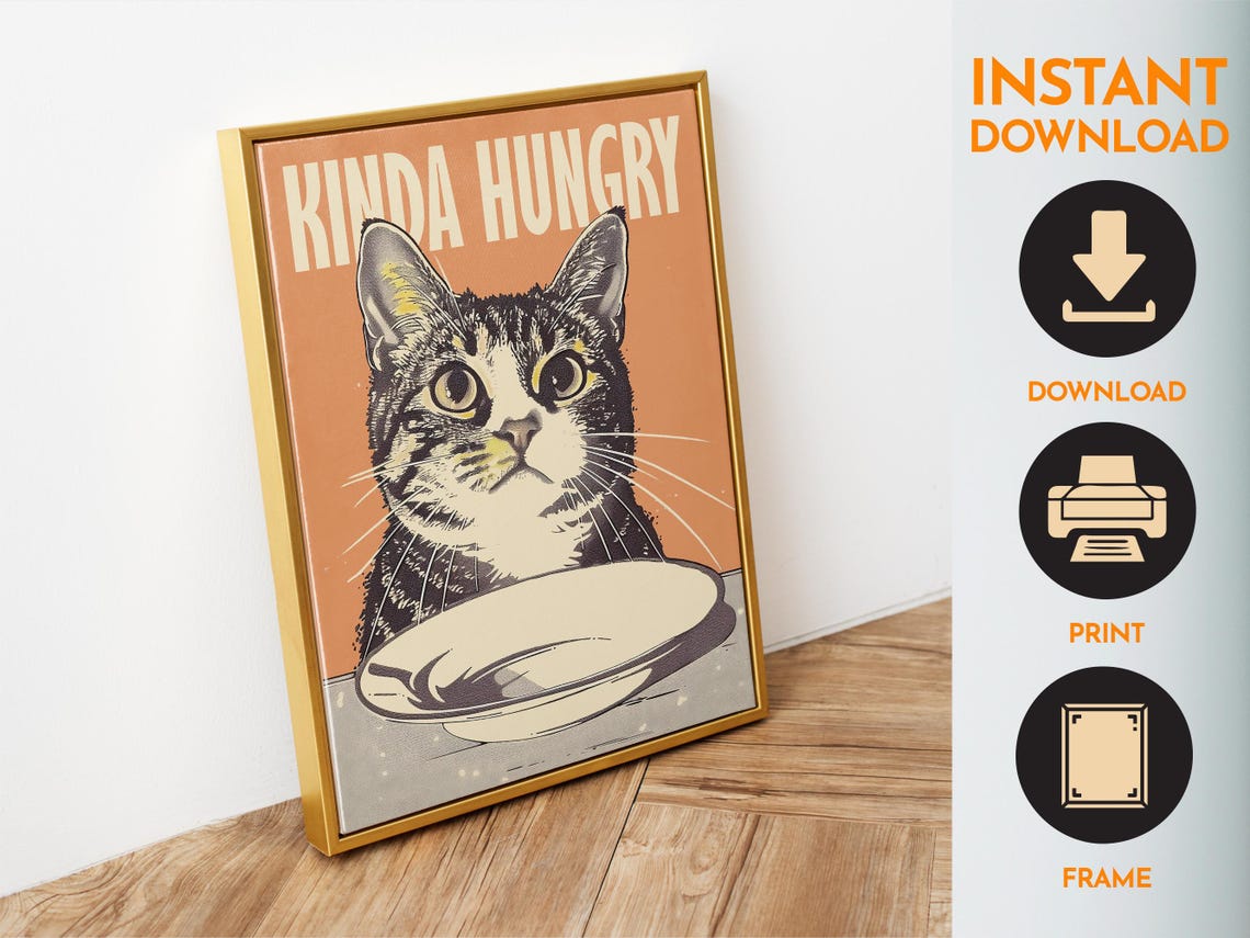 Kinda Hungry Funny Tabby Cat Empty Bowl Retro Orange Kitchen Poster - Image 4