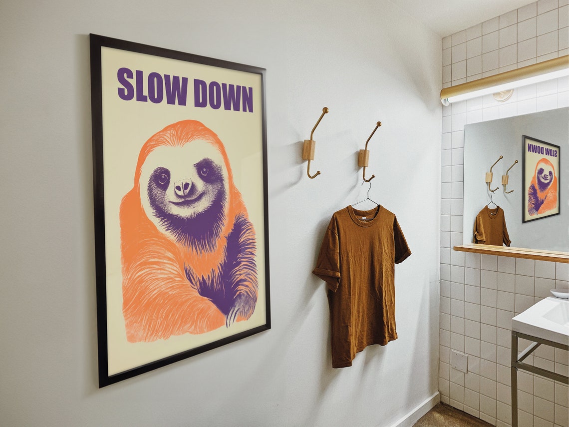 Slow Down Smiling Sloth Orange Purple Retro Relax Wall Poster - Image 4