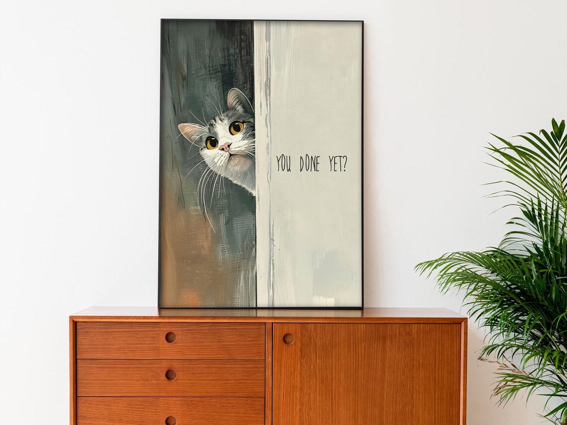 You Done Yet Peeking Cat Funny Bathroom Doorway Humor Cat Poster - Image 3
