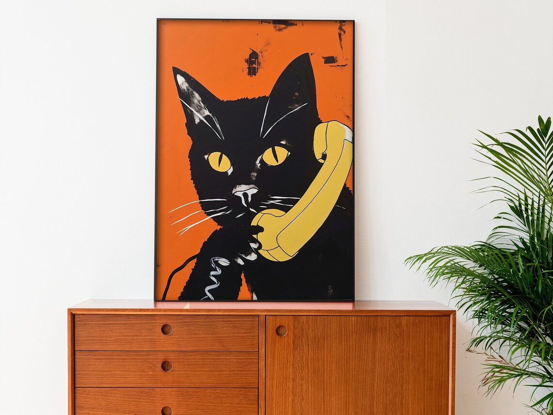Cat On The Phone Retro Poster, Maximalist Cat Print - Image 2