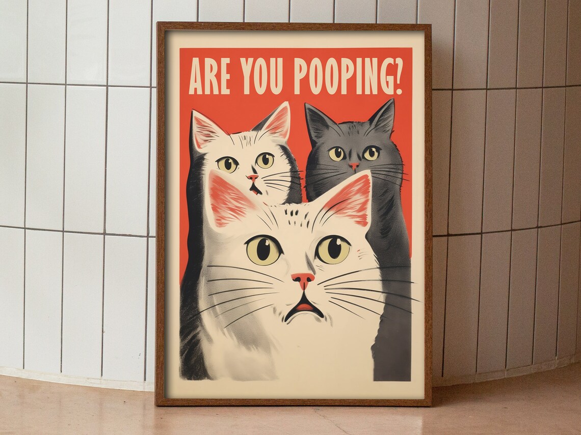Funny Toilet Cat Bathroom Art Print, Retro Cats - Image 3