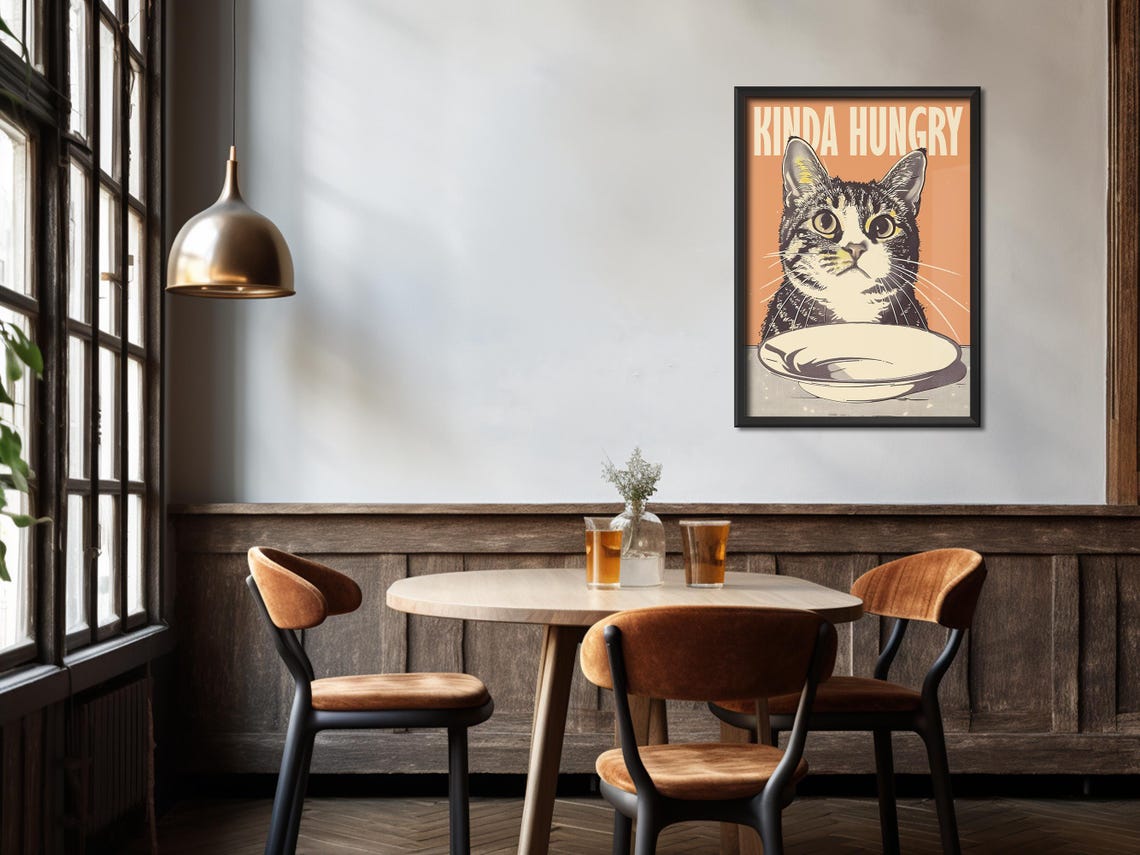 Kinda Hungry Poster Kitchen Wall Art Funny Cat Poster Cat Mom Gift Dining Room Art Print Kitchen Prints Retro Minimalistic Cat Art - Image 3