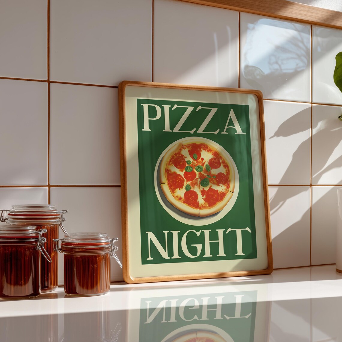 Pizza Night Poster, Mid-Century Kitchen Art Print