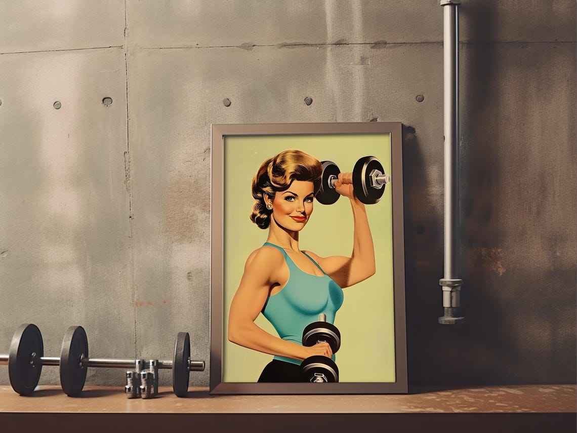 Retro Female Gym Poster Wall Art Gym Motivation Poster Workout Room Art Home Gym Wall Prints Fitness Girl Art Dumbbell Art Print - Image 4