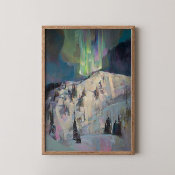 Northern Lights Painting Print Aurora Borealis Wall Art Arctic Mountain Home Decor