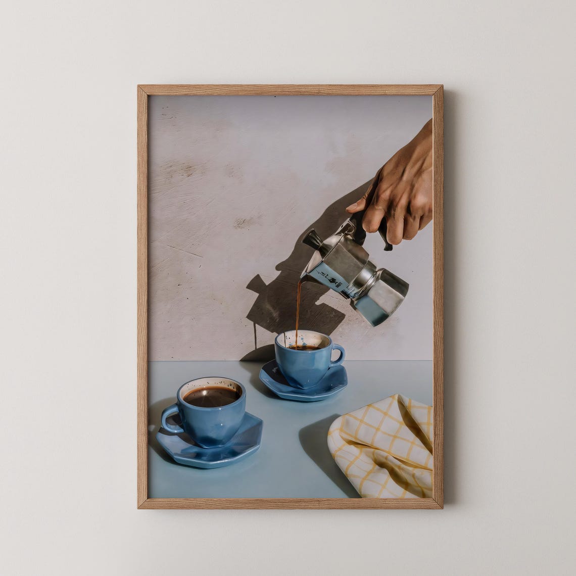 Moka Pot Coffee Pour Blue Cups Sunlit Kitchen Espresso Wall Art