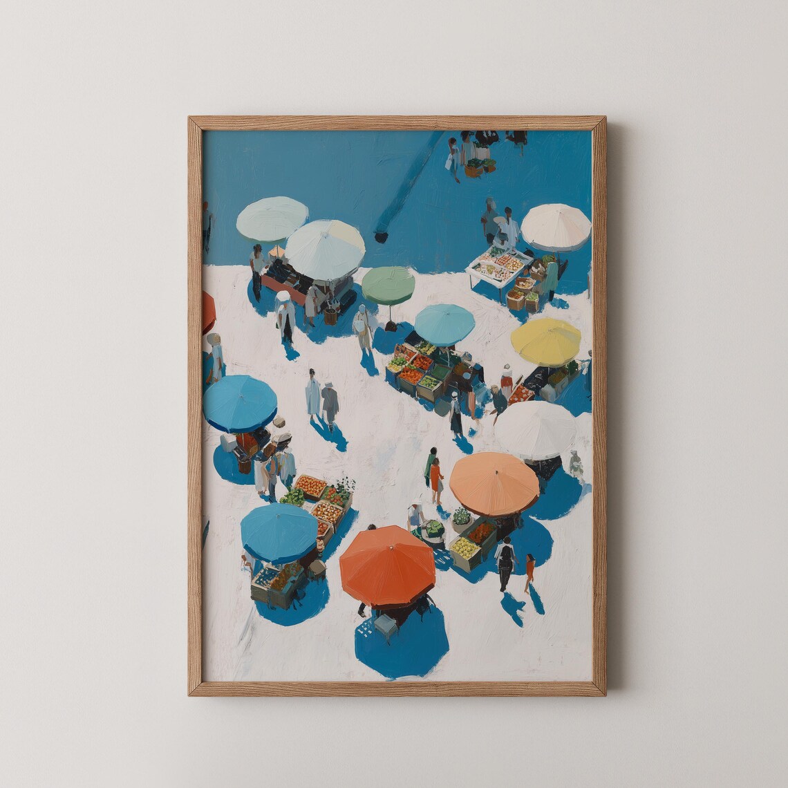 Farmers Market Aerial Colorful Umbrellas Stalls Naive Style Art Poster