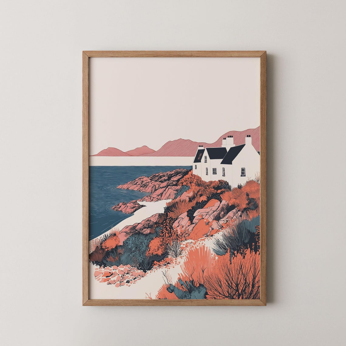 Scottish Highlands Coastal Cottage Rocky Shore Landscape Poster