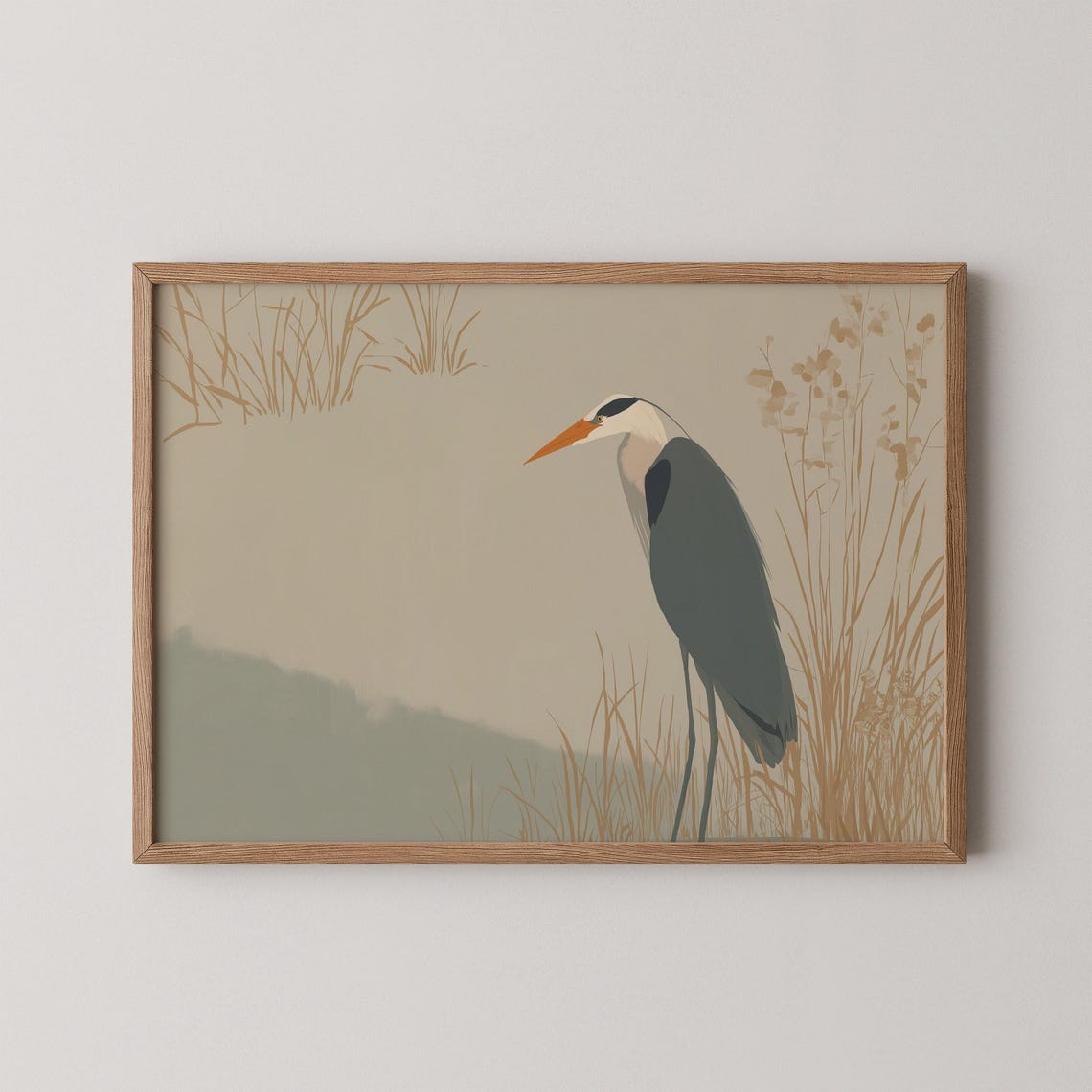 Great Blue Heron Standing Marsh Grass Minimal Bird Wildlife Art Poster