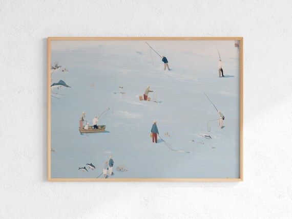 Minimalist Fishermen Blue Sea Boats Peaceful Ocean Scene Poster