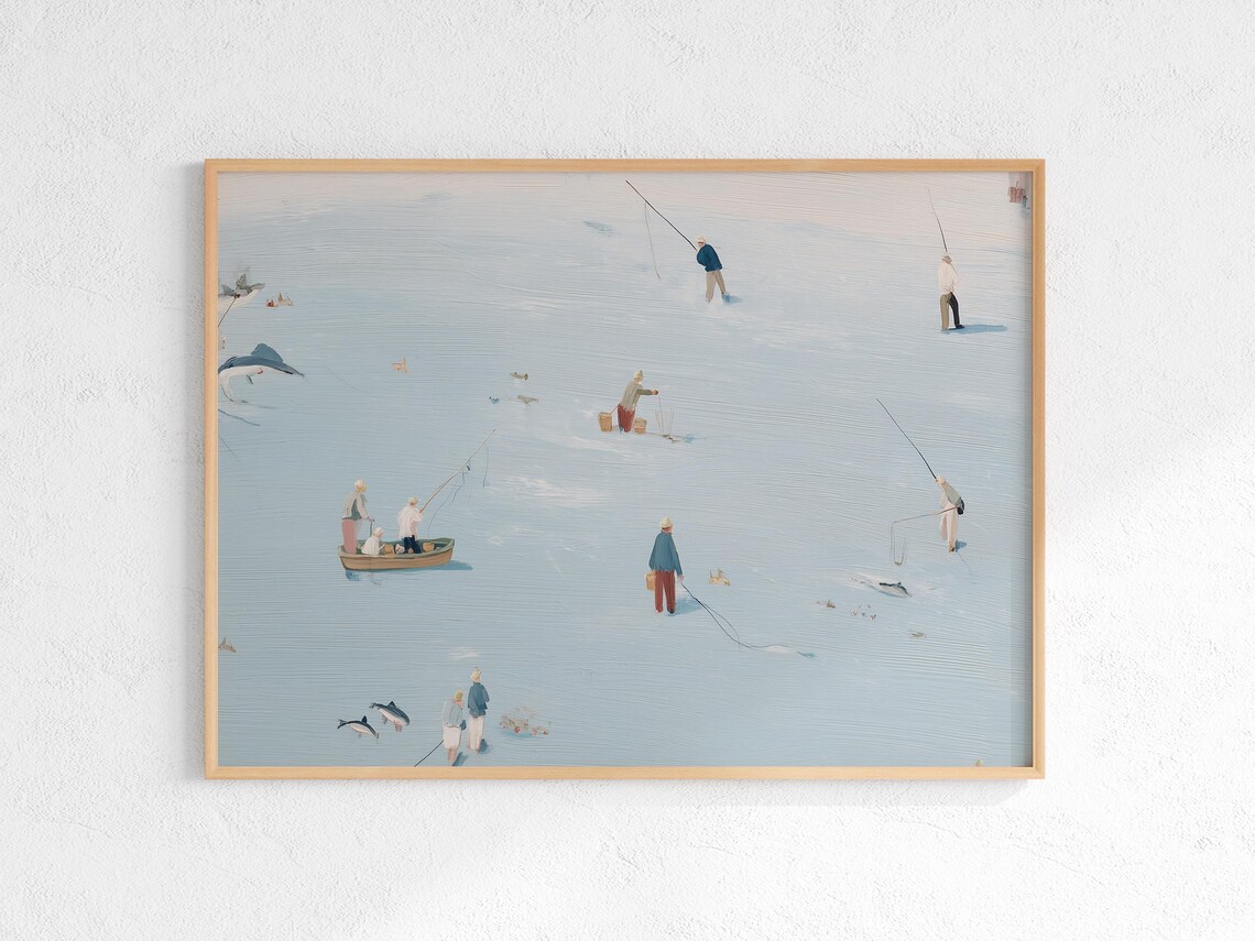 Minimalist Fishermen Blue Sea Boats Peaceful Ocean Scene Poster