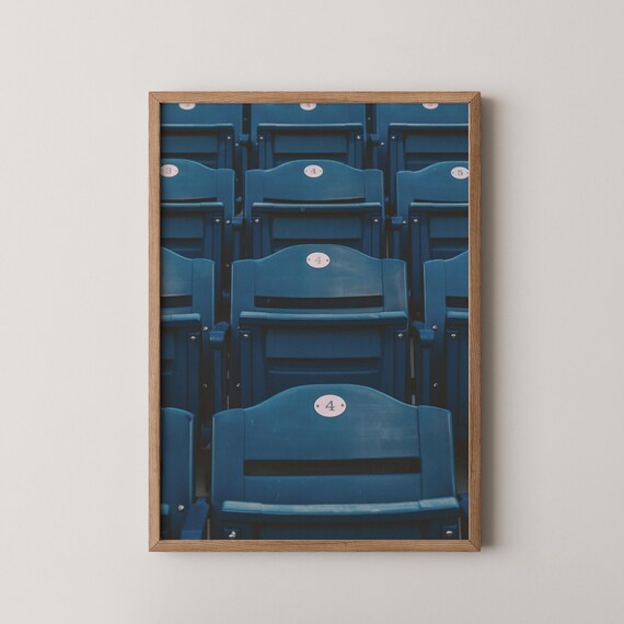 Empty Blue Stadium Seats Row Number Four Vintage Sports Poster Art