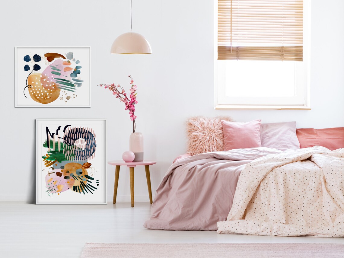 Green Navy Blush Pink Bold Abstract Watercolor Modern Art Poster - Image 3